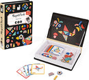 The Magnetic Book Moduloform by Janod features a colorful, illustrated cover with various geometric shapes. Inside the book, there are magnetic pieces in assorted shapes and colors, along with example cards showcasing creative designs. The set encourages imaginative play and fine motor skills for children.