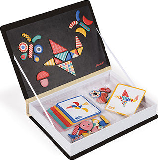The Janod Magnetic Book Moduloform features a colorful assortment of magnetic shapes and cards designed for creative play. The open book reveals various geometric pieces in bright colors like red, blue, and yellow, perfect for constructing playful designs and patterns. The packaging includes several task cards displaying different configurations for children to follow, fostering creativity and fine motor skills.