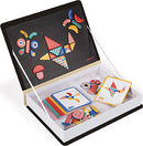The Janod Magnetic Book Moduloform features a colorful assortment of magnetic shapes and cards designed for creative play. The open book reveals various geometric pieces in bright colors like red, blue, and yellow, perfect for constructing playful designs and patterns. The packaging includes several task cards displaying different configurations for children to follow, fostering creativity and fine motor skills.