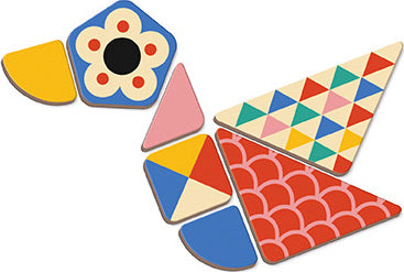 Colorful magnetic puzzle pieces from the Janod Moduloform set, featuring various shapes and patterns including flowers, triangles, and scallops, designed to encourage creativity and imaginative play for children.
