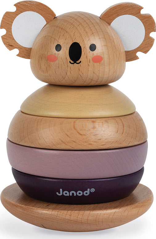 The Koala Stacker & Rocker by Janod is a beautifully designed wooden toy featuring a cute koala face atop stacks of colored rings. Each ring is crafted from smooth wood in varying shades, providing a delightful and educational experience for young children. The toy encourages fine motor skills and imaginative play, making it perfect for toddlers learning about shapes and balance.