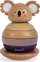The Koala Stacker & Rocker by Janod is a beautifully designed wooden toy featuring a cute koala face atop stacks of colored rings. Each ring is crafted from smooth wood in varying shades, providing a delightful and educational experience for young children. The toy encourages fine motor skills and imaginative play, making it perfect for toddlers learning about shapes and balance.