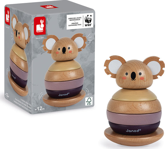 The Janod Koala Stacker & Rocker is a charming wooden toy featuring a koala design with stackable and rockable components. The toy includes various colored rings that can be placed on a base to create a cute koala character, promoting fine motor skills and imaginative play.