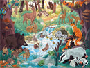 The Footprint Seek & Find Puzzle by Janod features a vibrant and colorful jigsaw scene depicting a forest filled with various animals including deer, foxes, and ducks near a flowing stream. The illustration includes rich greenery, mushrooms, and detailed animal characters, creating an engaging and educational experience for children as they search for different animal silhouettes within the puzzle.