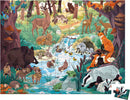 The Footprint Seek & Find Puzzle by Janod features a colorful jigsaw puzzle depicting a vibrant forest scene. The illustration includes various animals such as deer, foxes, rabbits, and birds, surrounded by lush trees, a flowing stream, and blooming flowers. Perfect for developing observation skills as players seek to find each animal hidden within the artwork.