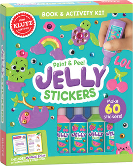 Klutz Paint & Peel Jelly Stickers DIY kit featuring colorful jelly paint bottles and a variety of fun, peelable stickers. Includes a 20-page instructional book with creative ideas to make 60 vibrant stickers. Perfect for arts and crafts enthusiasts.