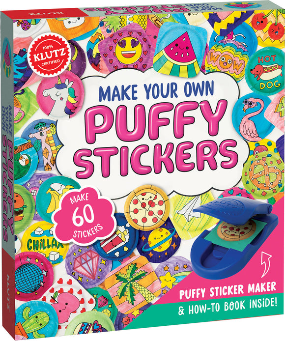 Klutz Make Your Own Puffy Stickers kit featuring a bright, colorful packaging filled with various puffy stickers showcasing fun designs like unicorns, emojis, and food. The kit includes a puffy sticker maker tool and a how-to book for creating up to 60 custom stickers, encouraging creativity and artistic expression for kids.