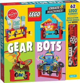 Lego Gear Bots DIY kit by Klutz, featuring colorful visuals of various robotic creations made from LEGO elements. The box highlights the ability to create eight different machines, showcasing engaging characters like a monster and an octopus, designed to move and entertain, suitable for ages 8 and up.