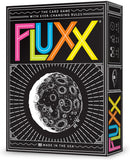 Fluxx is a colorful card game by Looney Labs featuring the tagline 'The card game with ever-changing rules.' The box design showcases a vibrant, stylized moon surrounded by radiating lines, emphasizing its playful and dynamic nature. Perfect for groups, Fluxx allows players to enjoy limitless scenarios and unexpected outcomes.