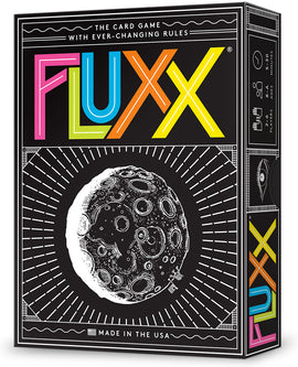 Fluxx is a colorful card game by Looney Labs featuring the tagline 'The card game with ever-changing rules.' The box design showcases a vibrant, stylized moon surrounded by radiating lines, emphasizing its playful and dynamic nature. Perfect for groups, Fluxx allows players to enjoy limitless scenarios and unexpected outcomes.