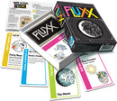 Fluxx card game by Looney Labs displayed with its box and several game cards on a table. The box features colorful graphics with a moon design, and the cards include various actions like 'Party Bonus', 'Steal a Keeper', and 'Day Dreams'. Instructions for gameplay are also visible, showcasing the easy-to-learn yet ever-changing rules of this fun, strategic game.