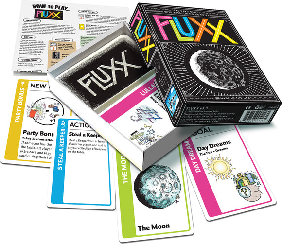 Fluxx card game by Looney Labs displayed with its box and several game cards on a table. The box features colorful graphics with a moon design, and the cards include various actions like 'Party Bonus', 'Steal a Keeper', and 'Day Dreams'. Instructions for gameplay are also visible, showcasing the easy-to-learn yet ever-changing rules of this fun, strategic game.