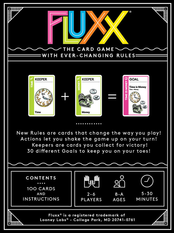 Fluxx is a card game by Looney Labs featuring ever-changing rules. The box cover displays key elements: Keeper cards for Time and Money, and a Goal card for Time is Money. It includes details like the game contents, player count, age recommendation, and estimated playtime. The design is colorful and engaging, showcasing the dynamic nature of the game.