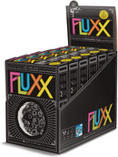 Fluxx card game by Looney Labs, featuring a colorful design with ever-changing rules. The box displays vibrant 'Fluxx' lettering against a black background, and a depiction of the moon on the side. Suitable for 2-8 players, ages 8 and up, with a playtime of 5-30 minutes.
