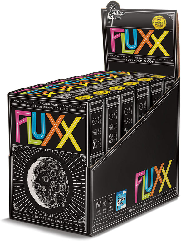Fluxx card game by Looney Labs, featuring a colorful design with ever-changing rules. The box displays vibrant 'Fluxx' lettering against a black background, and a depiction of the moon on the side. Suitable for 2-8 players, ages 8 and up, with a playtime of 5-30 minutes.