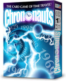 Chrononauts card game by Looney Labs, featuring a vibrant blue and purple design with numbers representing different years and an artistic representation of time travel. The box highlights 'THE CARD GAME OF TIME TRAVEL!' and includes player count, age recommendation, and game duration details.