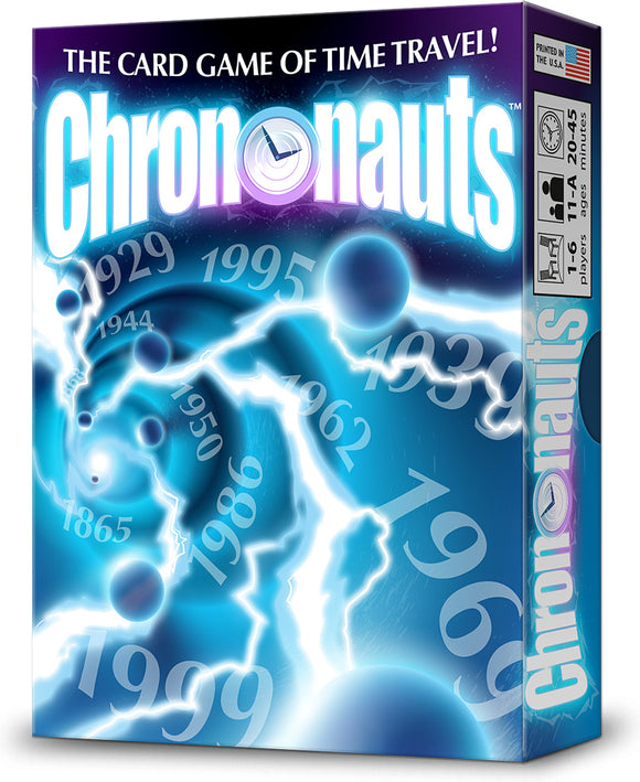 Chrononauts card game by Looney Labs, featuring a vibrant blue and purple design with numbers representing different years and an artistic representation of time travel. The box highlights 'THE CARD GAME OF TIME TRAVEL!' and includes player count, age recommendation, and game duration details.