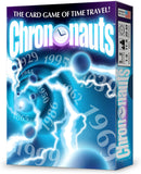 Chrononauts card game by Looney Labs, featuring a vibrant design with swirling electric blue and white colors. The game encourages players to engage in time travel adventures, highlighted by years printed in a dynamic font including 1929, 1995, 1965, and more. The box has a glossy finish and displays the game's title prominently at the top, accompanied by phrases emphasizing its time travel theme.