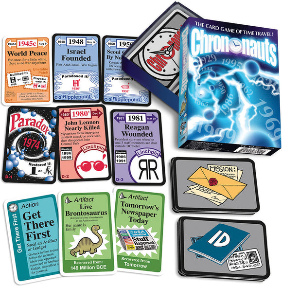 Chrononauts board game by Looney Labs featuring a box and various game cards representing different historical events and artifacts, including 'World Peace' and 'Get There First'. The game encourages players to manipulate time and create alternate histories.