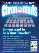 Chrononauts is a card game by Looney Labs that allows players to travel through time and alter historical events. The game features 140 cards, with gameplay instructions included. It is designed for 1-6 players aged 11 and up, with an estimated playtime of 20-45 minutes. The colorful box features a vibrant design and bold text, inviting players to engage in time travel and strategy.