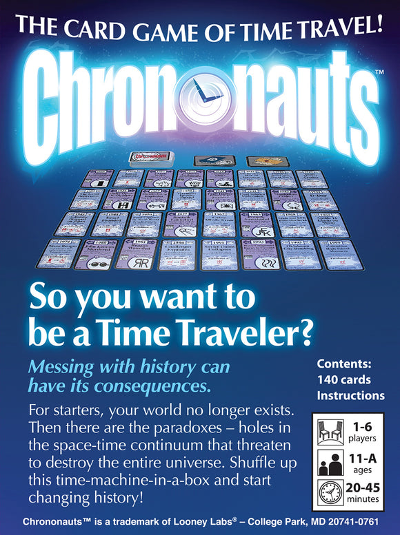 Chrononauts is a card game by Looney Labs that allows players to travel through time and alter historical events. The game features 140 cards, with gameplay instructions included. It is designed for 1-6 players aged 11 and up, with an estimated playtime of 20-45 minutes. The colorful box features a vibrant design and bold text, inviting players to engage in time travel and strategy.