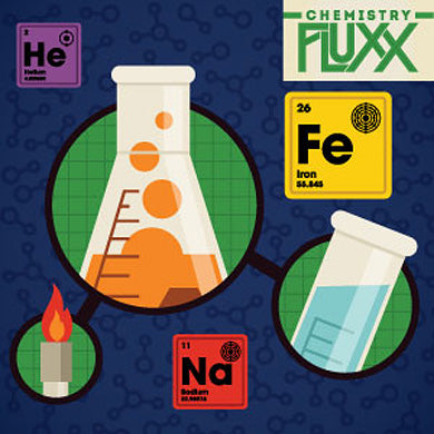 Chemistry Fluxx game by Looney Labs, featuring colorful illustrations of laboratory equipment like beakers and flasks, and elements from the periodic table including Helium, Iron, and Sodium. The design is vibrant and educational, perfect for engaging players in the fun of chemistry.