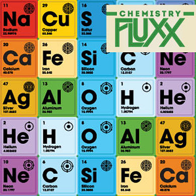 Chemistry Fluxx game by Looney Labs featuring a colorful layout inspired by the periodic table of elements. The game includes cards with unique chemistry symbols and rules that evolve during gameplay, making it an engaging and educational experience for players of all ages.