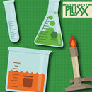 Chemistry Fluxx game by Looney Labs featuring illustrations of laboratory glassware including test tubes, beakers, and a Bunsen burner on a green background, designed for fun and educational gameplay.