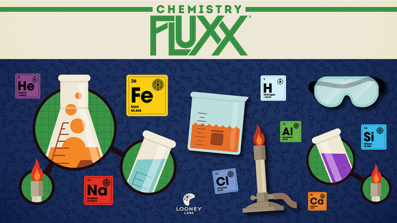 Chemistry Fluxx game by Looney Labs features colorful illustrations of laboratory equipment and periodic table elements, including beakers, test tubes, and flames, set against a dark blue background with molecular motifs.