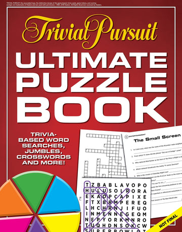 Cover of the Trivial Pursuit Ultimate Puzzle Book featuring bold red background with 'Ultimate Puzzle Book' in large white letters. The cover includes colorful icons representing trivia-themed games like word searches, crosswords, and jumbles, along with sample puzzle pages showing crossword clues and word search patterns.