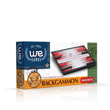 Backgammon Magnetic 8" game by Wood Expressions Inc. The game box features a vibrant design with the logo prominently displayed. The board is shown with red and black checkers and dice, emphasizing its magnetic features for easy play.