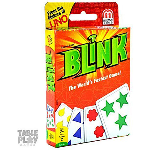The product image showcases Blink, a fast-paced card game by Mattel. The packaging features a vibrant orange background with the game's title 'BLINK' prominently displayed in green letters. Illustrations of colorful cards with various shapes and colors, including stars, circles, and triangles, hint at the game mechanics. The game is designed for 2 players, suitable for ages 7 and up, and emphasizes quick reactions and visual perception.