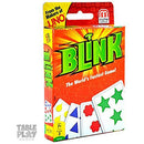 The product image showcases Blink, a fast-paced card game by Mattel. The packaging features a vibrant orange background with the game's title 'BLINK' prominently displayed in green letters. Illustrations of colorful cards with various shapes and colors, including stars, circles, and triangles, hint at the game mechanics. The game is designed for 2 players, suitable for ages 7 and up, and emphasizes quick reactions and visual perception.