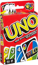 The UNO card game package featuring a bright red design with bold yellow lettering. The box displays customizable wild cards and colorful numbered cards, ideal for family and friends. Suitable for 2-10 players aged 7 and up.