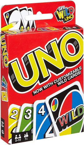 The UNO card game package featuring a bright red design with bold yellow lettering. The box displays customizable wild cards and colorful numbered cards, ideal for family and friends. Suitable for 2-10 players aged 7 and up.