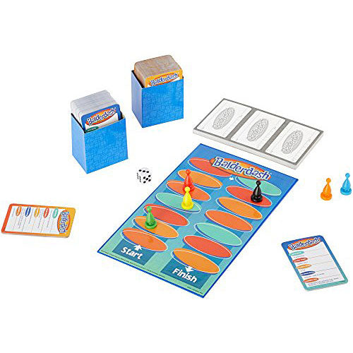 Balderdash board game by Mattel featuring a colorful game board with spaces labeled 'Start' and 'Finish.' Includes colored player pieces, a dice, and cards for gameplay. Two card boxes are also visible, each holding game cards for players to engage in fun trivia and bluffing.