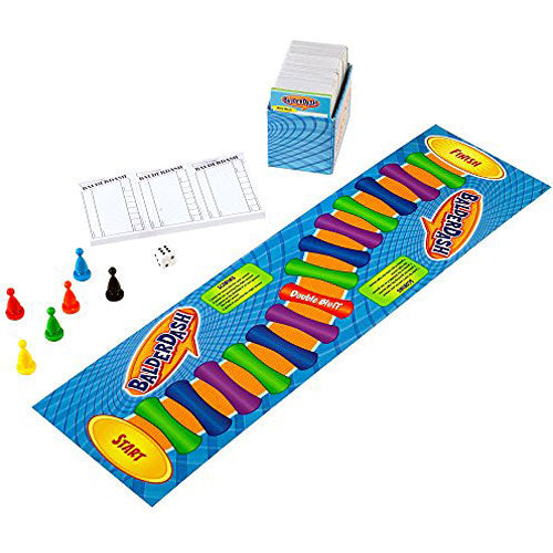 Balderdash board game by Mattel featuring a colorful game board with spaces marked 'Start,' a set of player pieces in various colors, a pair of dice, a card deck, and score sheets for keeping track of points.