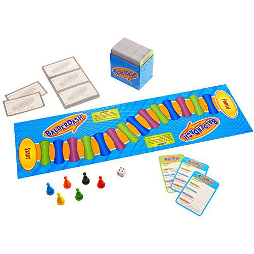 Balderdash board game by Mattel, featuring a colorful game board with start and finish markers, multiple player pieces in red, green, yellow, blue, and black, a dice, a stack of cards, and game rule cards. Perfect for family game nights and gatherings, it encourages creative thinking and fun.