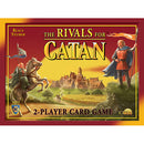 Rivals for Catan is a strategic 2-player card game designed by Klaus Teuber. The box features vibrant artwork with a knight and a horseman set against a backdrop of Catan's landscapes. Ideal for fans of the original Catan game, this engaging title introduces new strategies for two players as they build their civilizations and outsmart their opponents.
