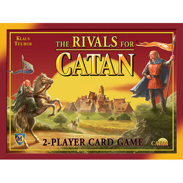 Rivals for Catan is a strategic 2-player card game designed by Klaus Teuber. The box features vibrant artwork with a knight and a horseman set against a backdrop of Catan's landscapes. Ideal for fans of the original Catan game, this engaging title introduces new strategies for two players as they build their civilizations and outsmart their opponents.