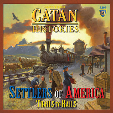 Catan Histories: Settlers of America - Trails to Rails game box featuring a train station scene with a locomotive, characters in period attire, and freight being loaded. The artwork displays a blend of adventure and strategy in a historical American setting.