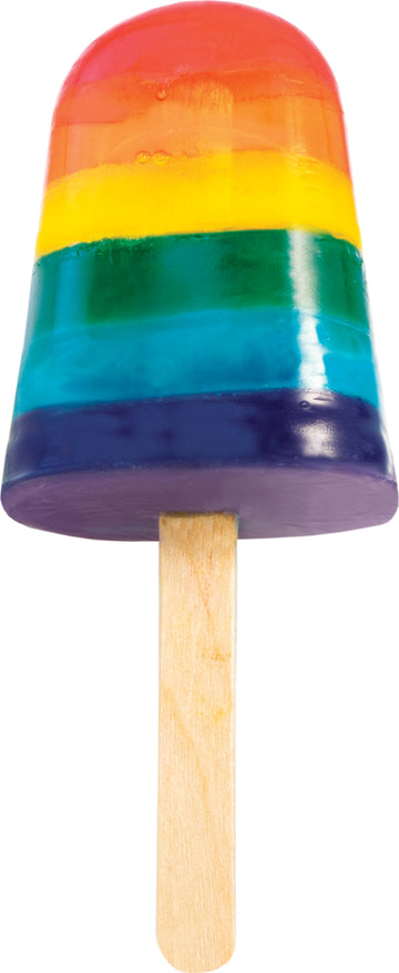 A colorful soap mold shaped like a popsicle, featuring vibrant layers of red, orange, yellow, green, blue, and purple. The mold is placed upright on a wooden stick, showcasing the rainbow effect of the soap science kit.