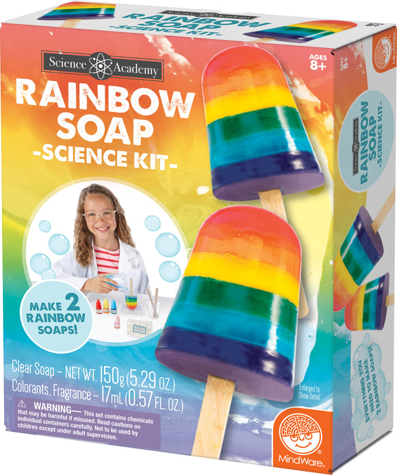 Rainbow Soap Science Kit by MindWare, featuring clear soap and bright colorants to create two rainbow-shaped soaps. Ideal for ages 8 and up, includes all necessary materials for a fun DIY science experience.