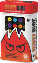 Fiesty Dice game by MindWare comes in a colorful container featuring fiery graphics. It includes vibrant dice displaying mischievous expressions, designed for ages 6 and up. The game encourages energetic, engaging gameplay with a unique shake & take element.