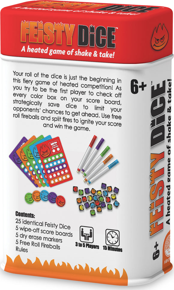 Fiesty Dice game by MindWare, featuring a colorful tin containing 25 identical dice, 5 wipe-off scoreboards, 5 dry erase markers, and 5 Free Roll Fireballs. The game promotes strategic play as players aim to check off colored boxes on their scoreboards while limiting opponents' moves. Suitable for 3 to 5 players and designed for ages 6 and up, the game takes approximately 15 minutes to complete, offering a fun and competitive experience.