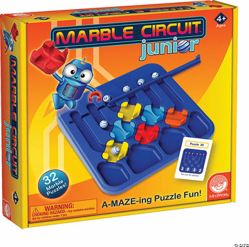 The Marble Circuit Jr. by MindWare is an engaging mechanical puzzle aimed at children aged 4 and up. The colorful box features a playful robot graphic on the left and showcases the puzzle inside, which includes a blue base with various pieces in red, yellow, and orange. The set allows children to solve 32 marble challenges while improving their problem-solving skills.