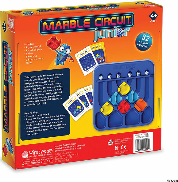 The Marble Circuit Jr. by MindWare, a colorful mechanical puzzle designed for children ages 4 and up. The packaging showcases a vibrant design featuring the game board with colorful marbles, tiles, and instructional cards. It includes 32 puzzle challenges that help build problem-solving and STEM skills, making it an engaging educational game for young learners.
