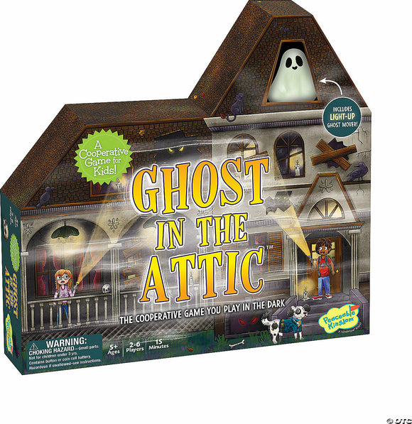 The Ghost in the Attic board game by MindWare features colorful artwork depicting children and a ghost. The box prominently displays the title in bold letters with playful graphics of a haunted house, light-up ghost mover, and characters exploring in the dark. Ideal for family game night, this cooperative game is suitable for ages 5 and up, accommodating 2-6 players and playable in about 15 minutes.