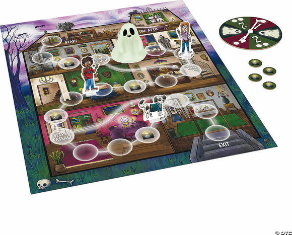 The 'Ghost in the Attic' game by MindWare features a colorful game board depicting a spooky house layout. Players navigate through various rooms using character pieces, including a ghost figure and friends, aiming to find secret passages and exit. The board is enhanced with bubbles indicating movement options, and it includes a spinner and tokens for gameplay.