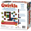 The back of the Qwirkle game box by MindWare, featuring colorful tiles in various shapes and colors. The game is designed for 2 to 4 players aged 6 and up, promoting strategic play through mixing, matching, and scoring. The box highlights the content included and emphasizes it as a fun educational game.